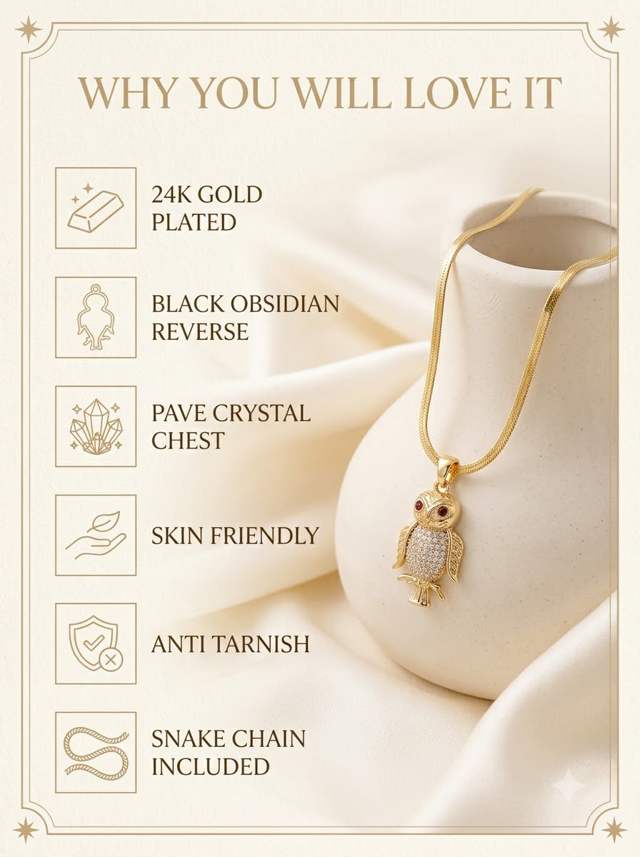 Athenis Owl Pendant features: 24k gold plated, black obsidian reverse, pave chest, skin friendly