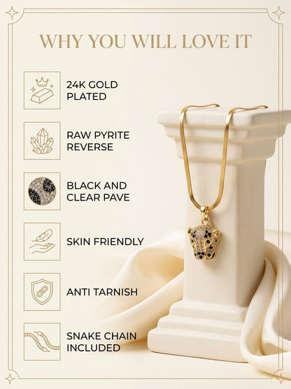 Regalis Panther Pendant features: 24k gold plated, raw pyrite reverse, black and clear pave