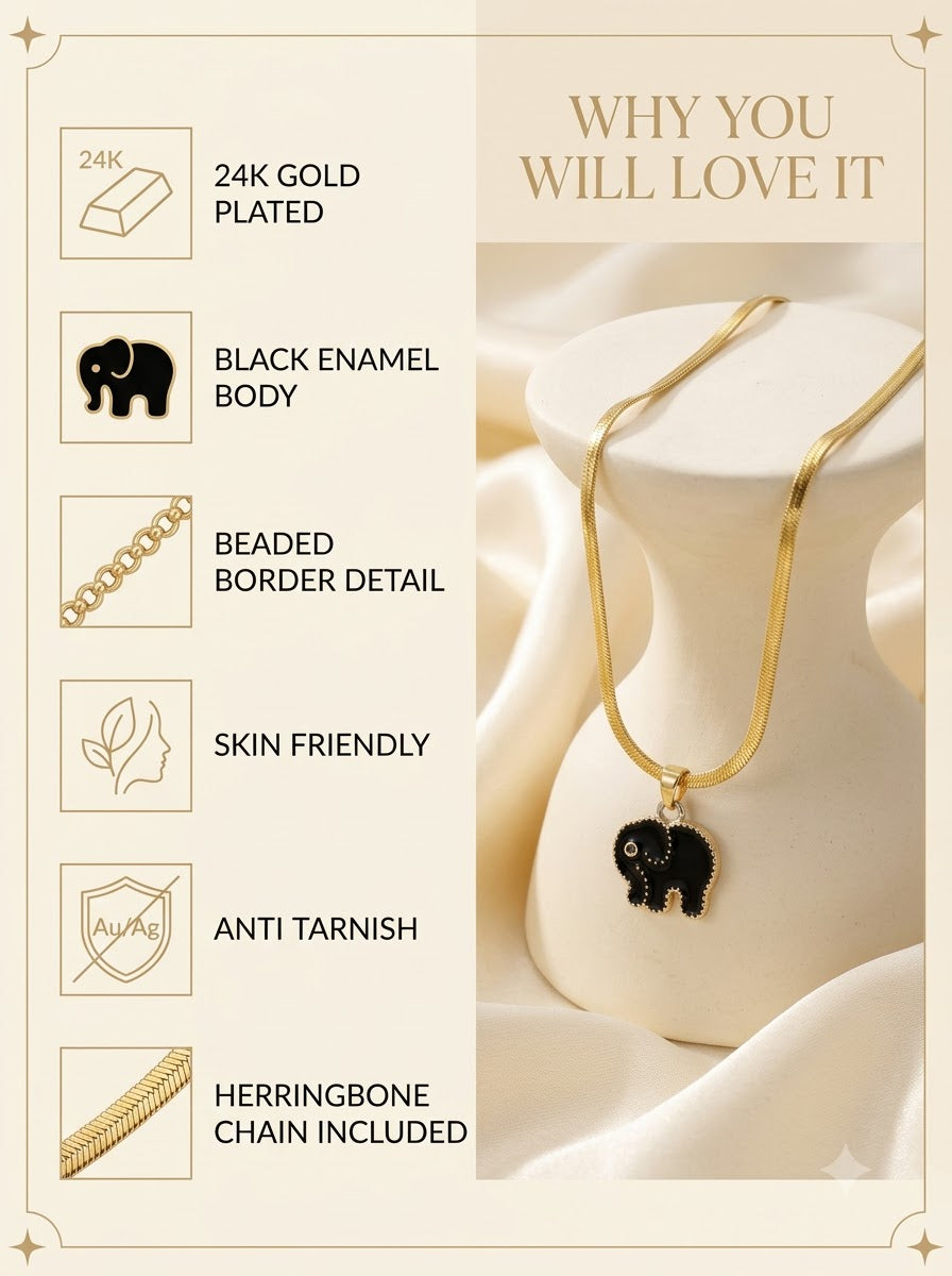 Mithra Elephant Pendant features: 24k gold plated, black enamel body, beaded border detail
