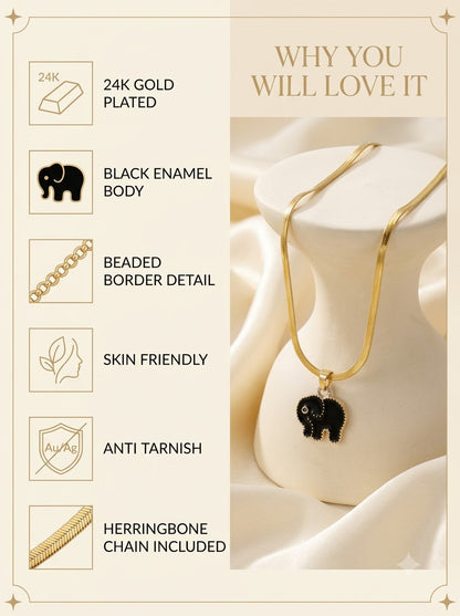 Mithra Elephant Pendant features: 24k gold plated, black enamel body, beaded border detail