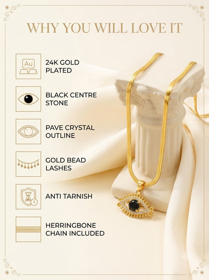 Oculia Eye Pendant features: 24k gold plated, black centre stone, pave crystal outline, gold bead lashes