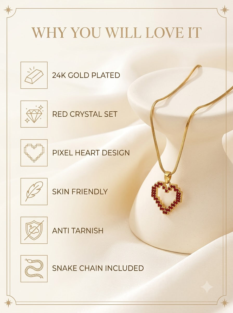 Pixelia Heart Pendant features: 24k gold plated, red crystal set, pixel heart design