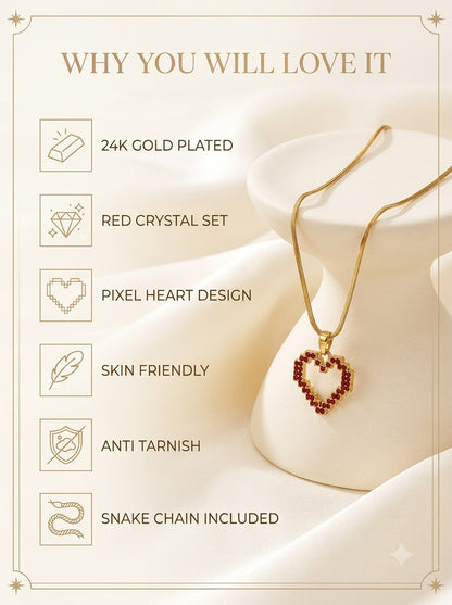 Pixelia Heart Pendant features: 24k gold plated, red crystal set, pixel heart design