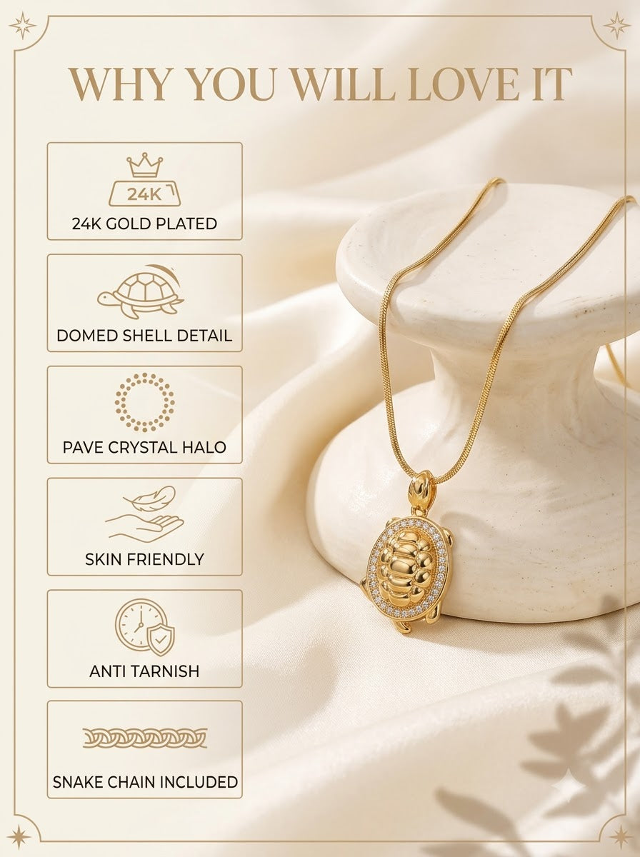 Kavelle Turtle Pendant features: 24k gold plated, domed shell, pave crystal halo, skin friendly
