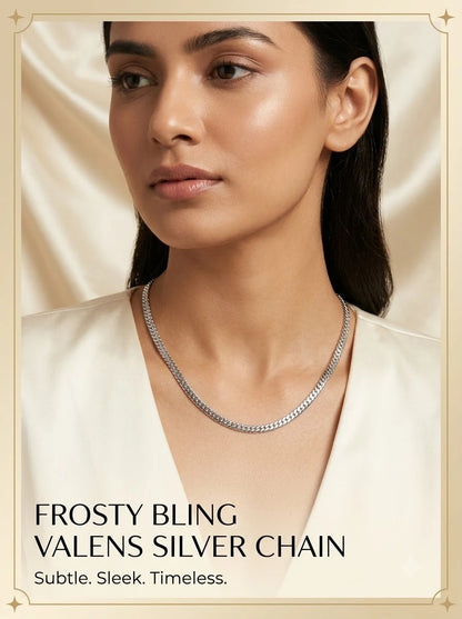 Female model wearing the Valens Silver Chain flat curb necklace
