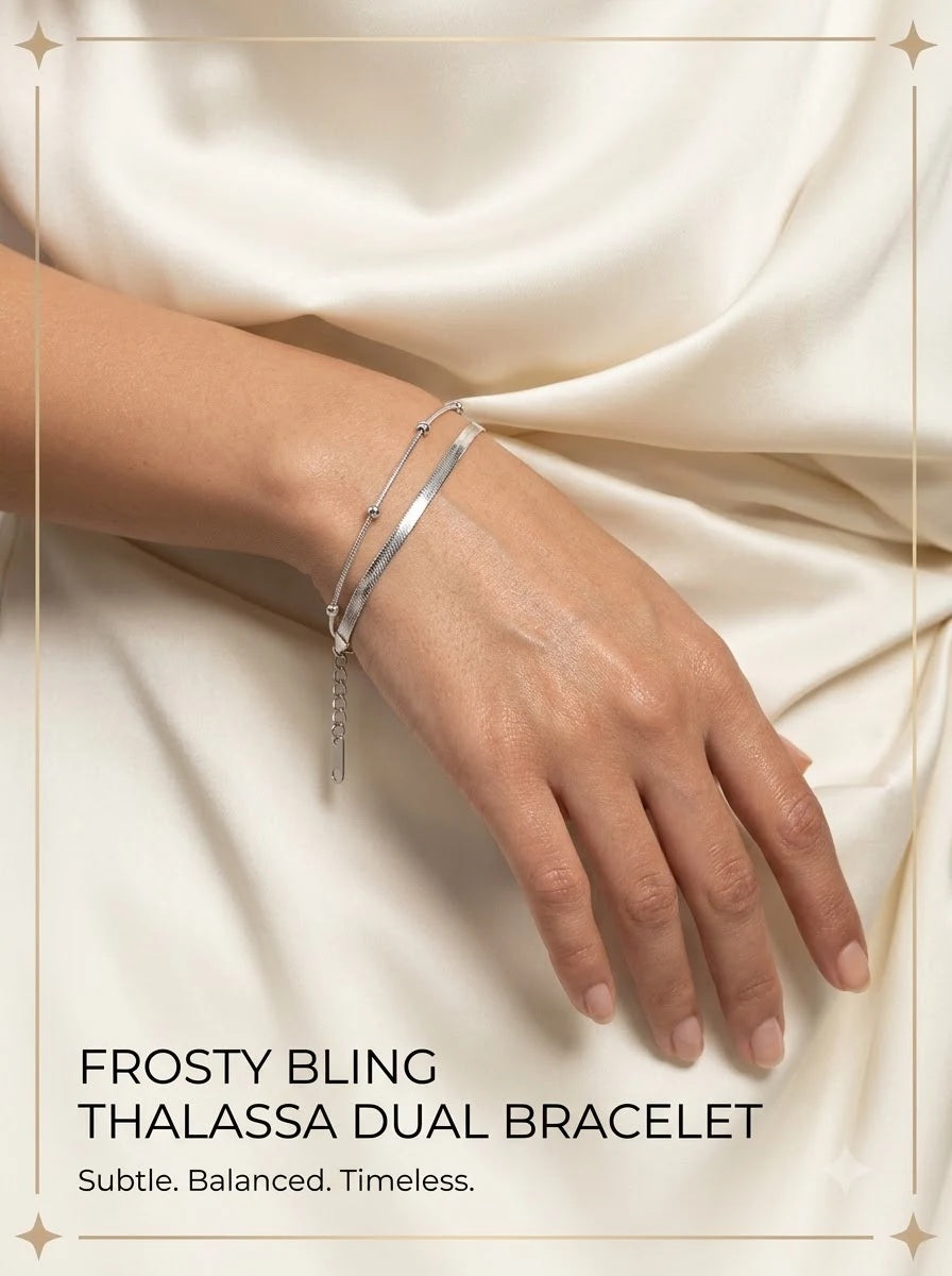 Female model wearing the Thalassa Dual Bracelet on the wrist
