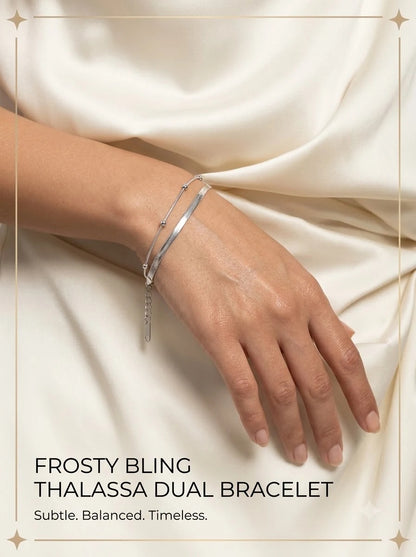 Female model wearing the Thalassa Dual Bracelet on the wrist