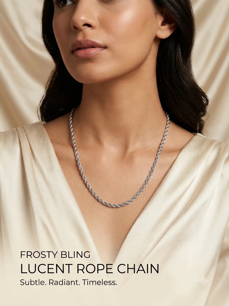 Female model wearing the Lucent Rope Chain silver necklace