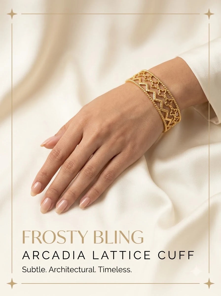 Female model wearing the Arcadia Lattice Cuff on the wrist