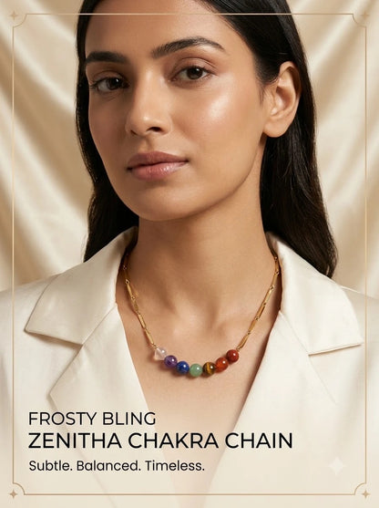 Female model wearing the Zenitha Chakra Chain