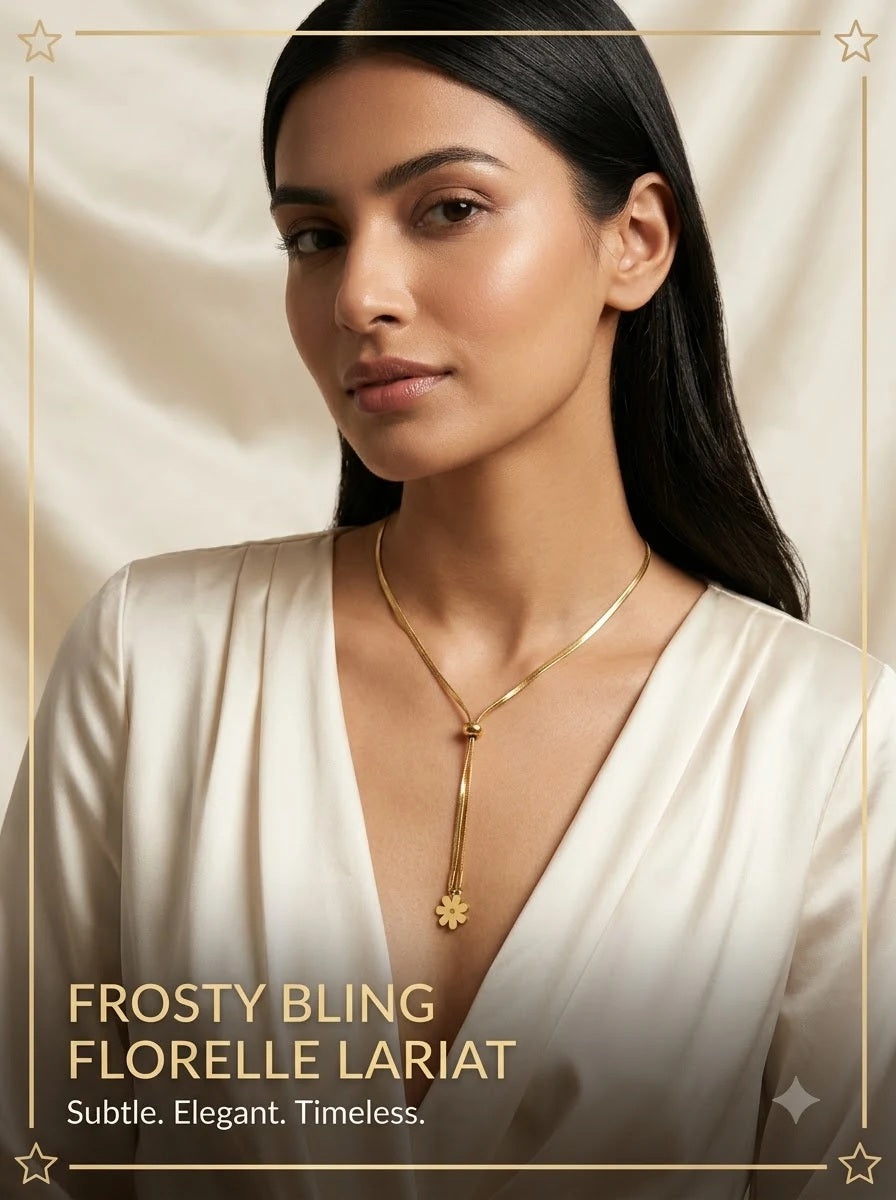 Female model wearing the Florelle Lariat adjustable gold drop necklace