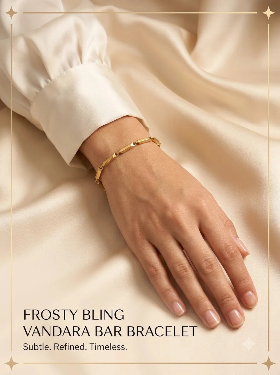 Female model wearing the Vandara Bar Bracelet on the wrist