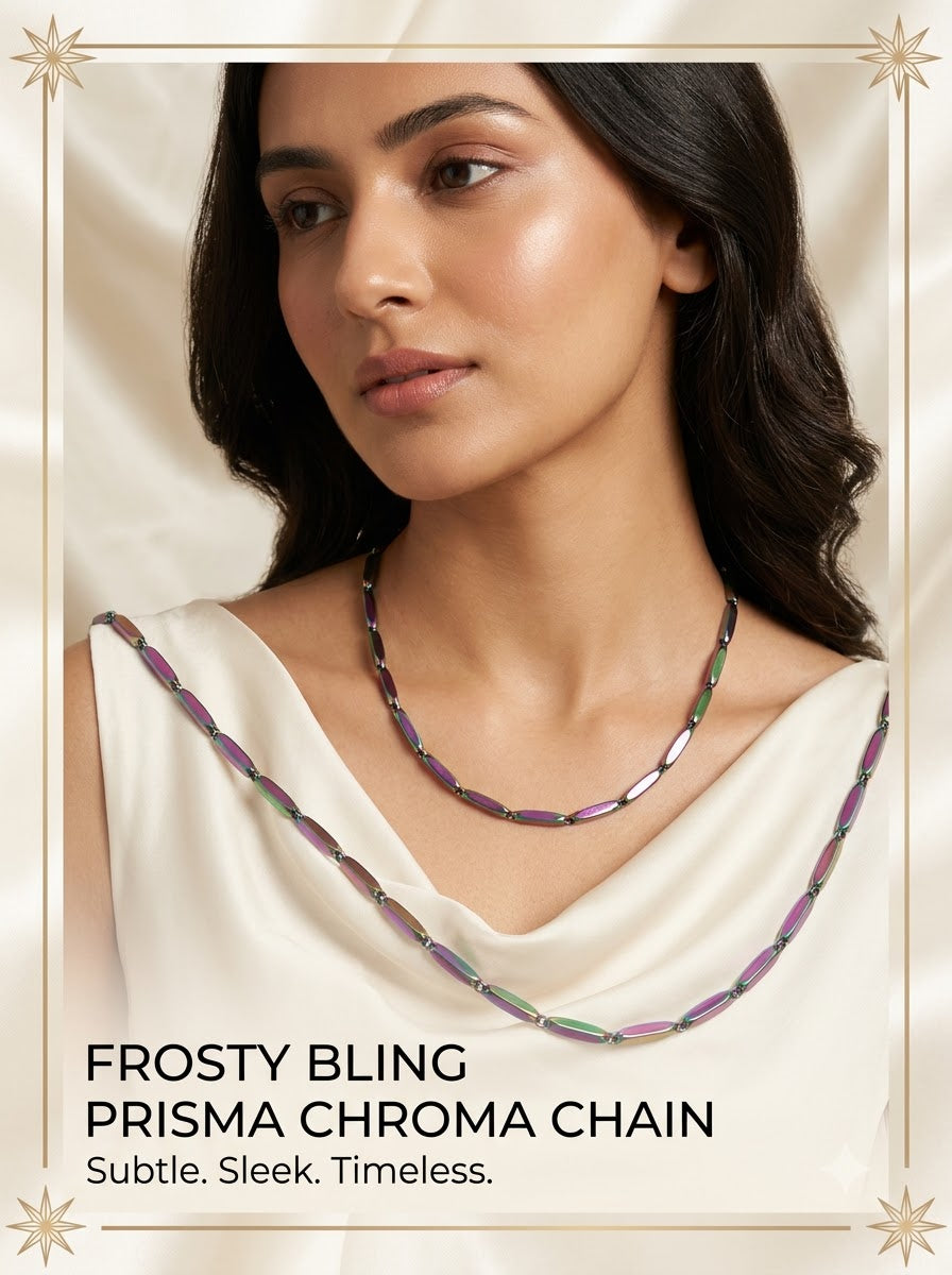 Female model wearing the Prisma Chroma Chain iridescent rainbow necklace
