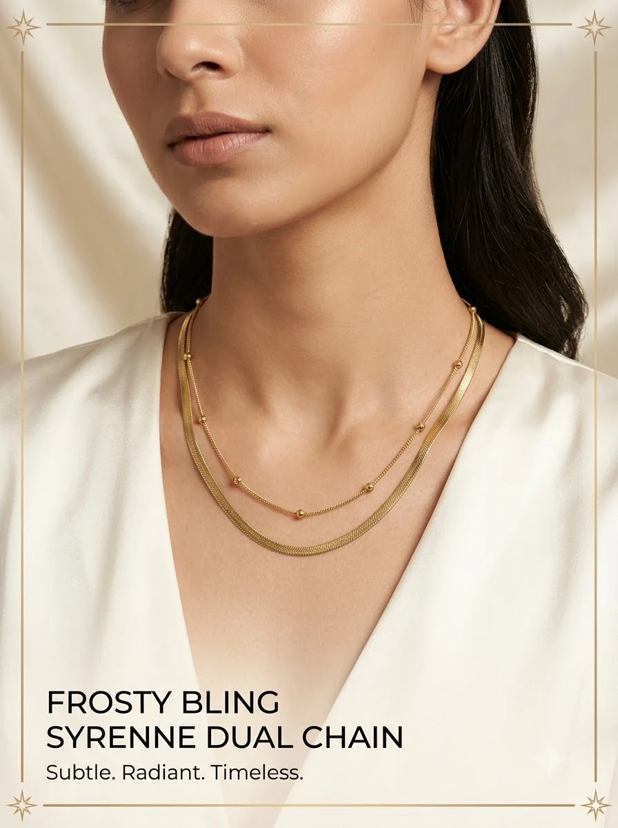 Female model wearing the Syrenne Dual Chain layered gold necklace