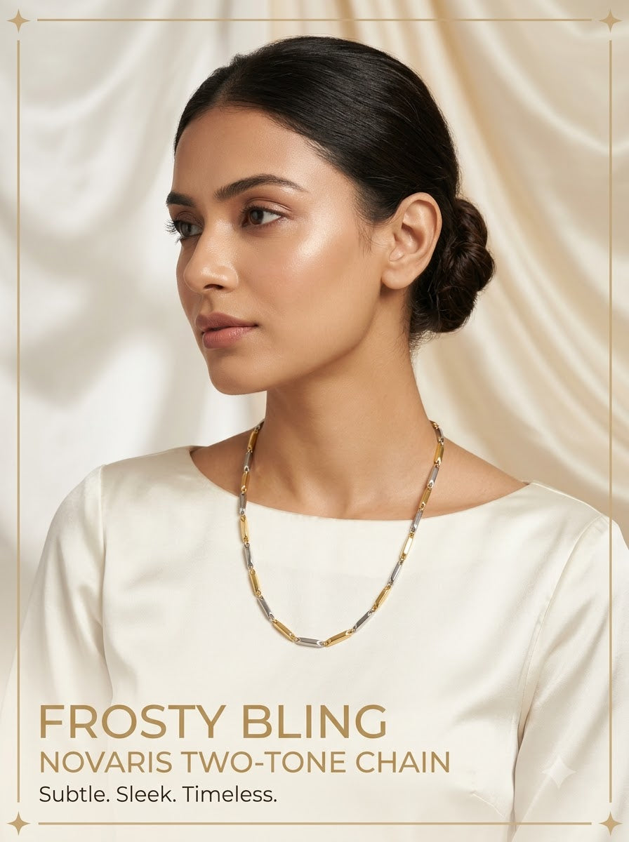 Female model wearing the Novaris Two-Tone gold and silver chain