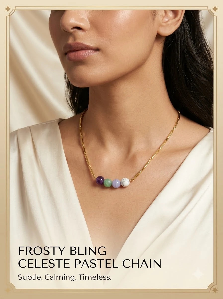 Female model wearing the Celeste Pastel Chain