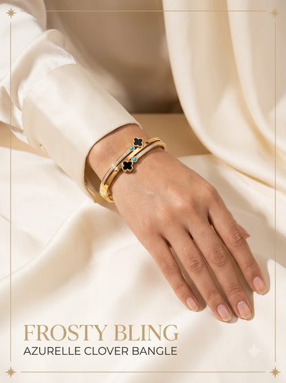 Female model wearing the Azurelle Clover Bangle on the wrist
