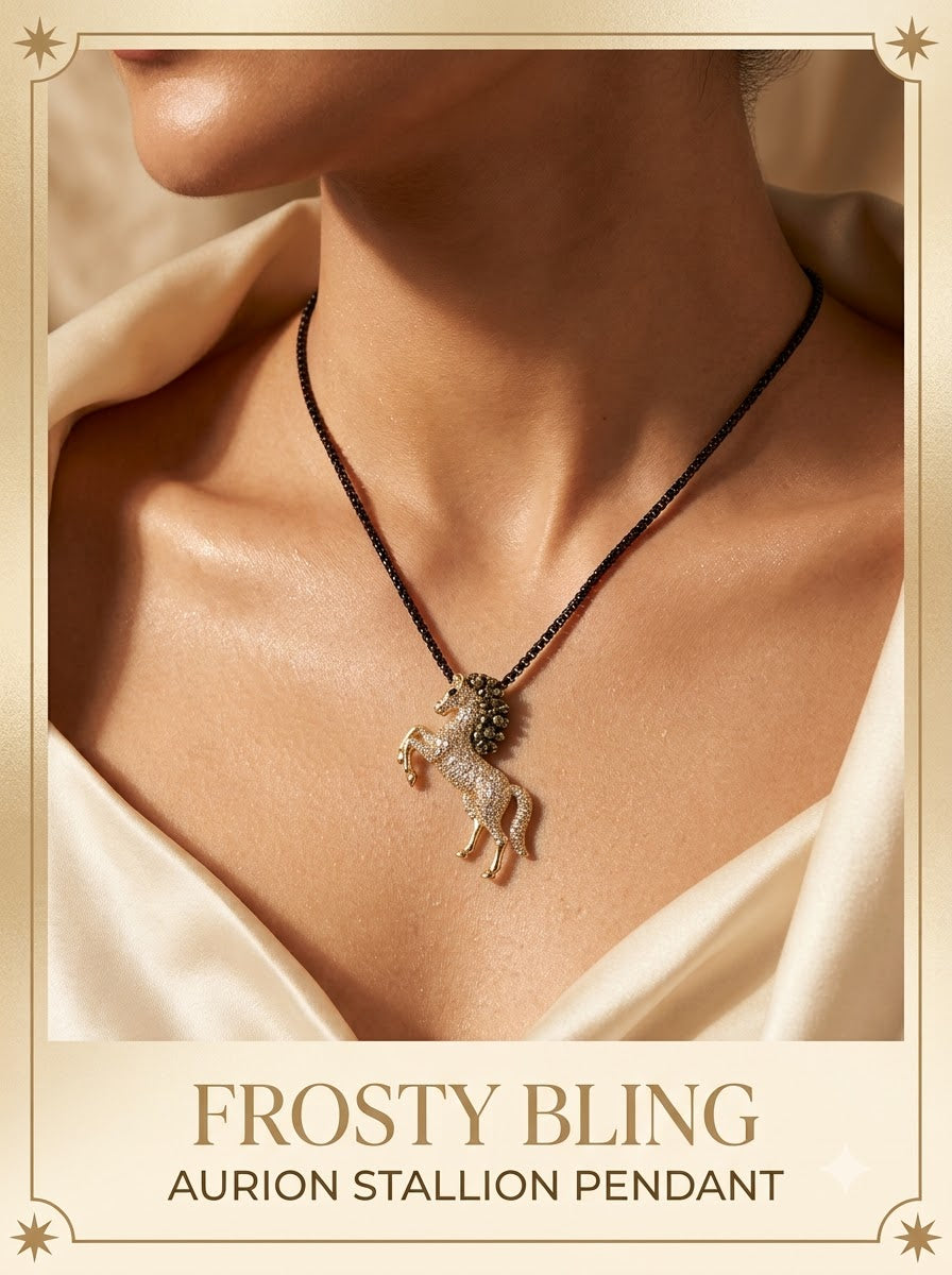 Female model wearing the Aurion Stallion Pendant on its black chain