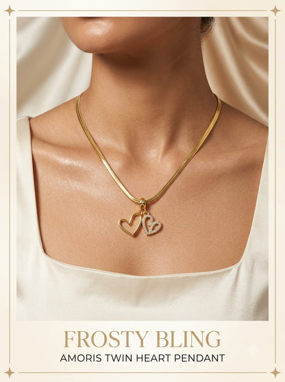 Female model wearing the Amoris Twin Heart Pendant