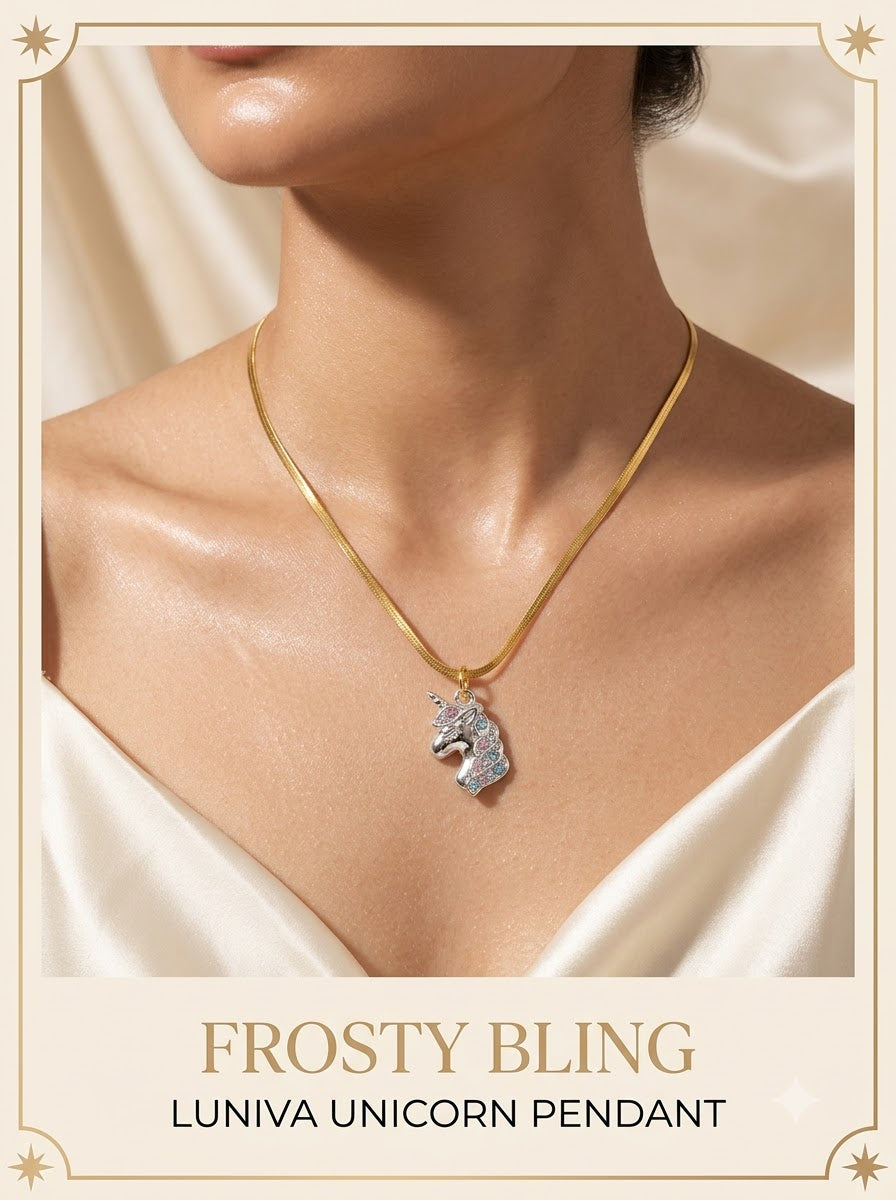Female model wearing the Luniva Unicorn Pendant