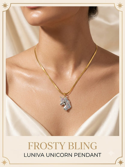 Female model wearing the Luniva Unicorn Pendant