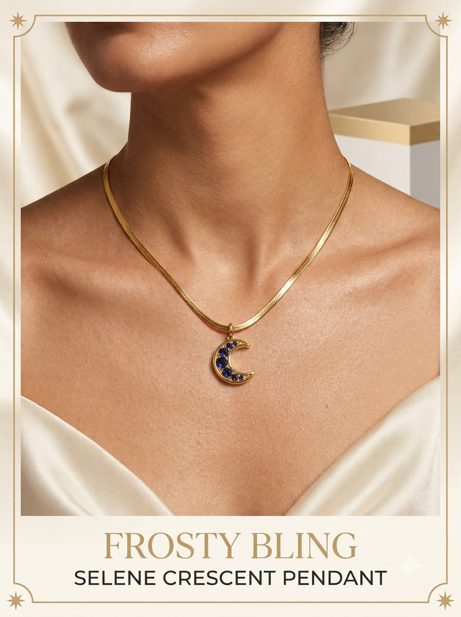 Female model wearing the Selene Crescent Pendant
