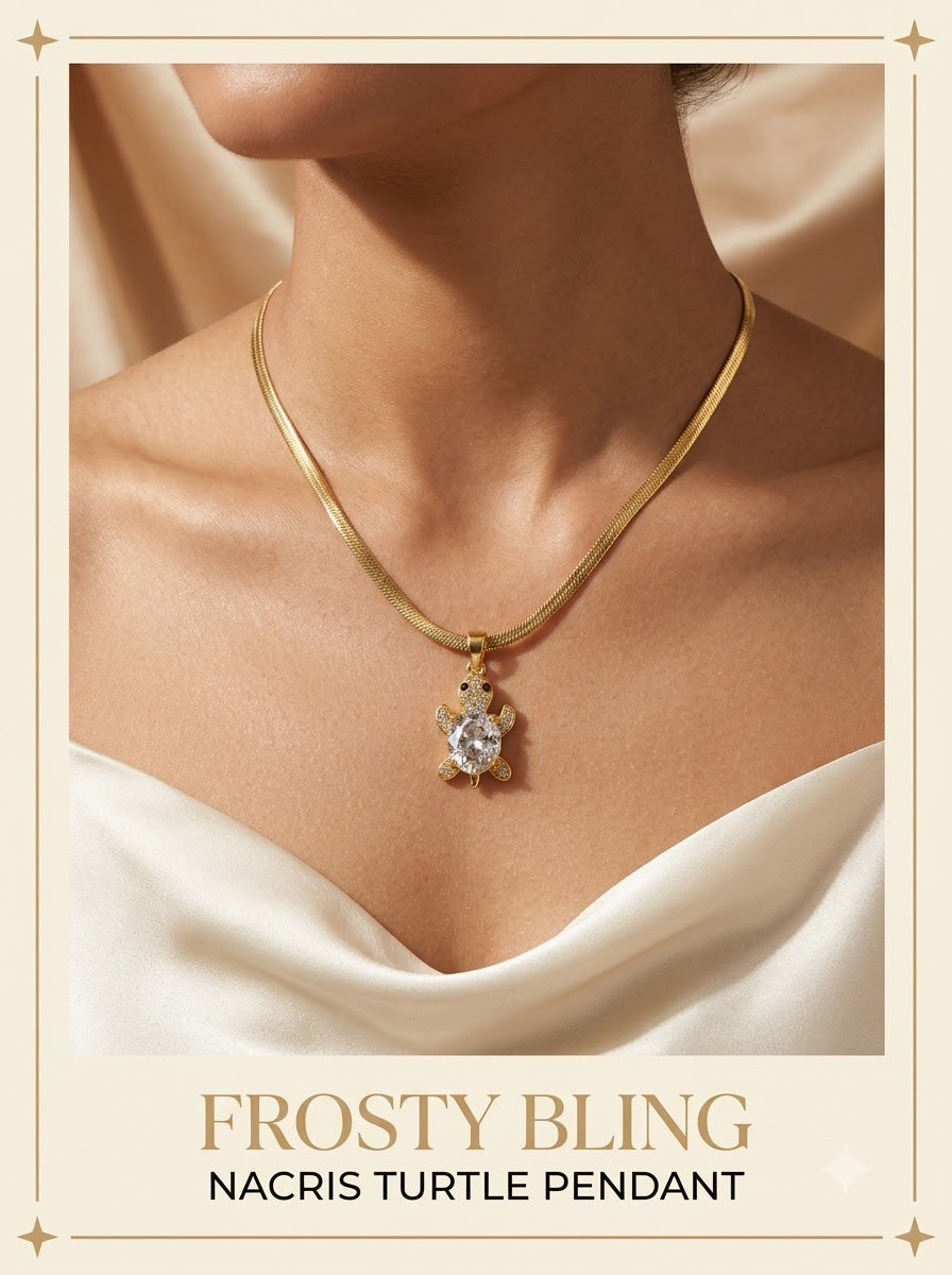 Female model wearing the Nacris Turtle Pendant