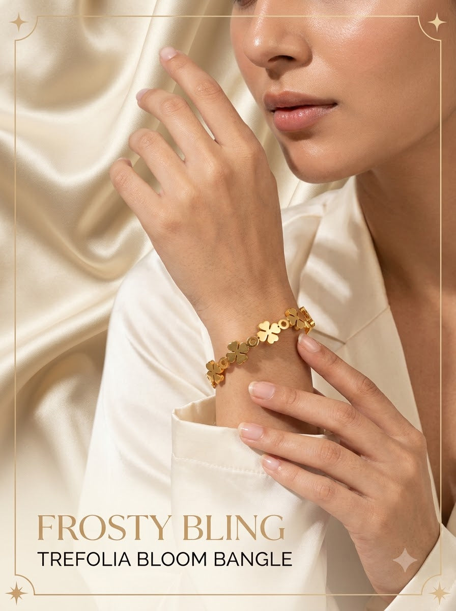 Female model wearing the Trefolia Bloom Bangle on the wrist