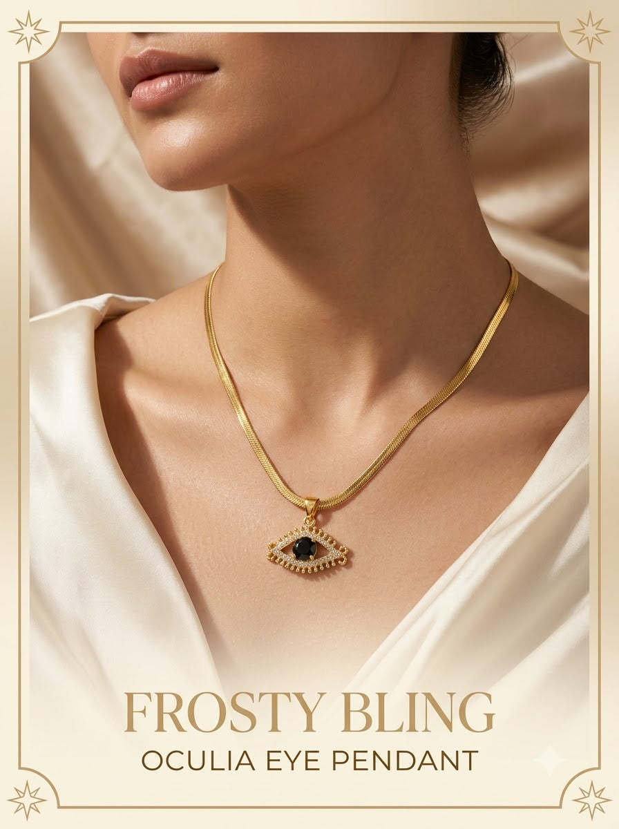 Female model wearing the Oculia Eye Pendant