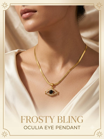 Female model wearing the Oculia Eye Pendant