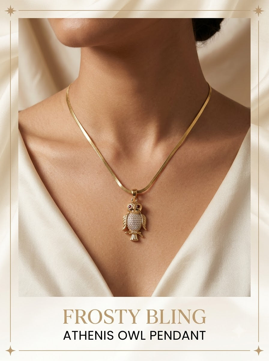 Female model wearing the Athenis Owl Pendant