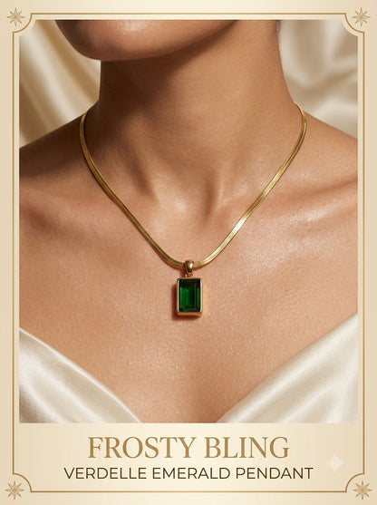 Female model wearing the Verdelle Emerald Pendant
