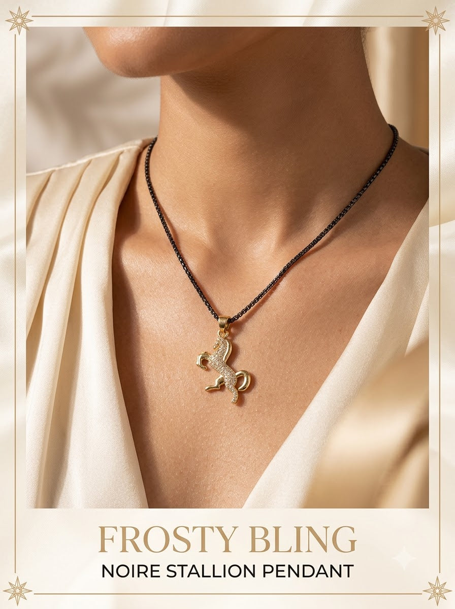 Female model wearing the Noire Stallion Pendant on its black chain