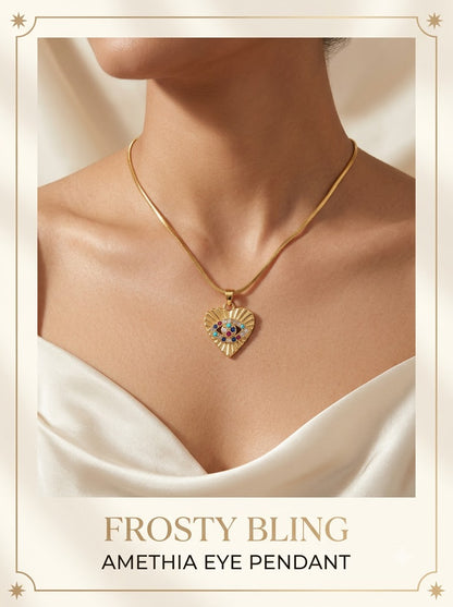 Female model wearing the Amethia Eye Pendant