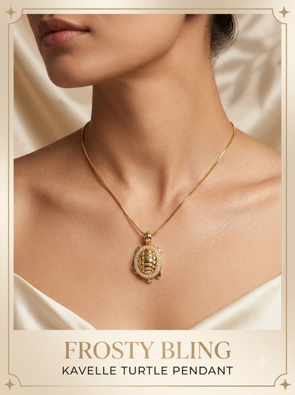 Female model wearing the Kavelle Turtle Pendant
