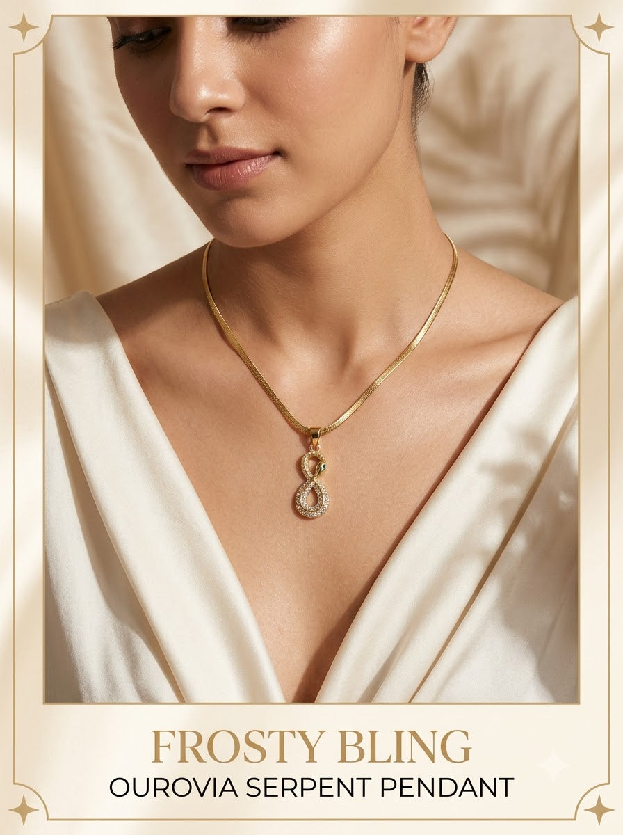 Female model wearing the Ourovia Serpent Pendant
