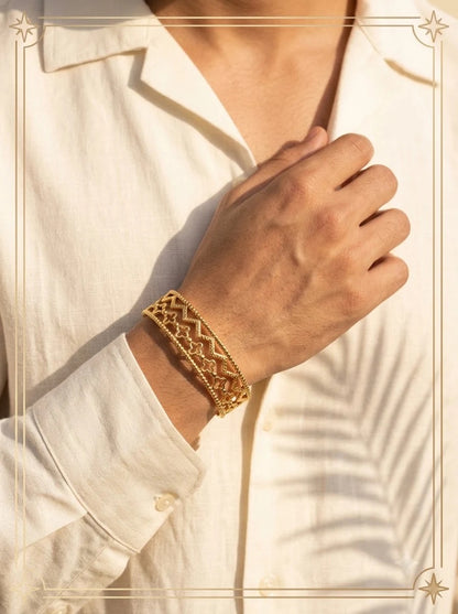 Male model wearing the Arcadia Lattice Cuff on the wrist