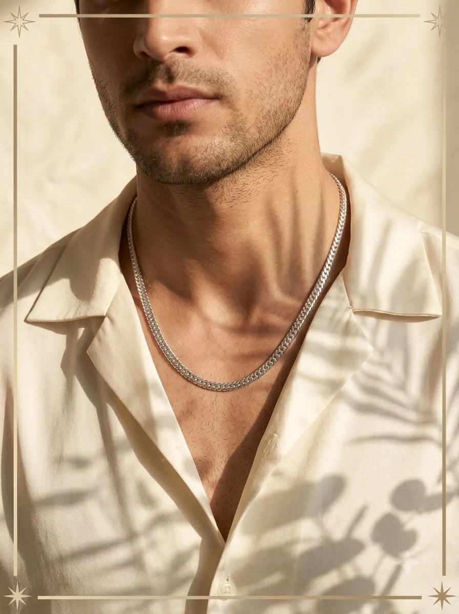 Male model wearing the Valens Silver Chain flat curb necklace