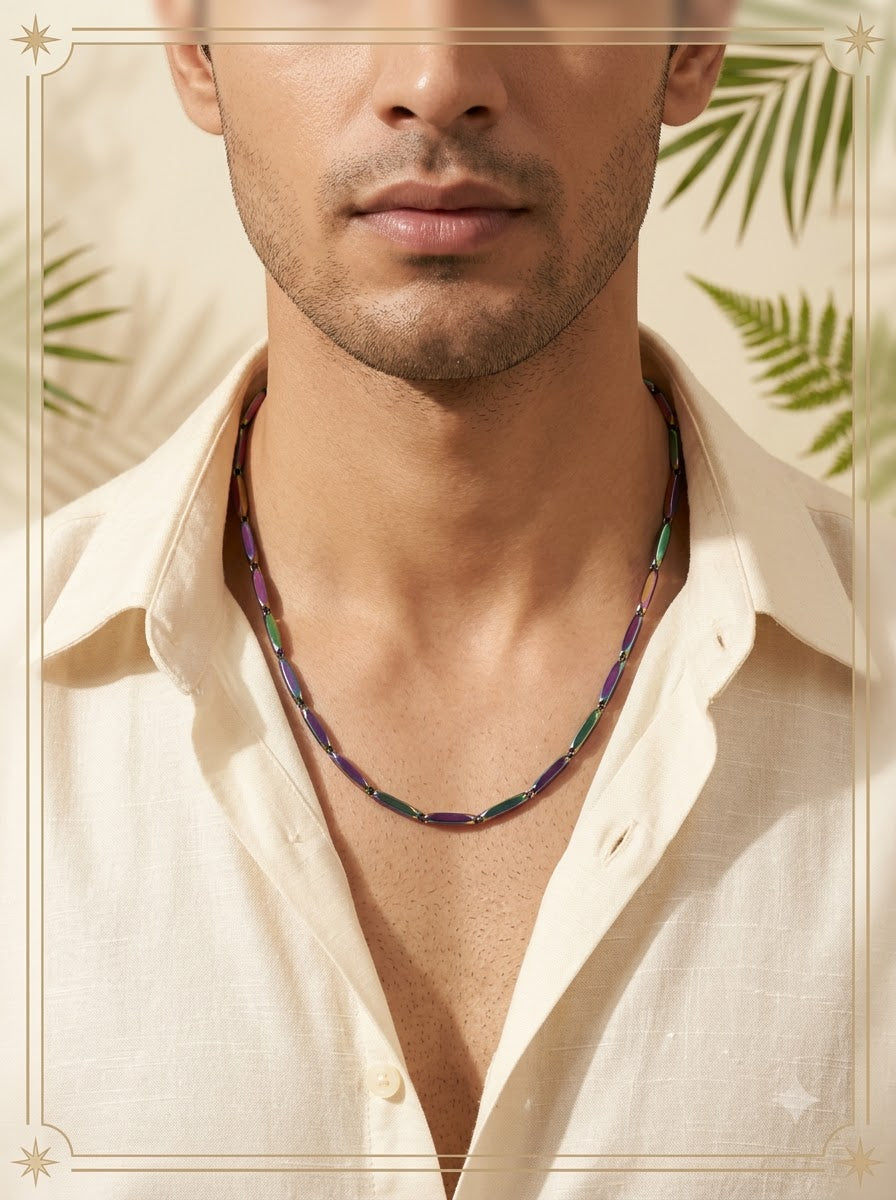 Male model wearing the Prisma Chroma Chain iridescent rainbow necklace