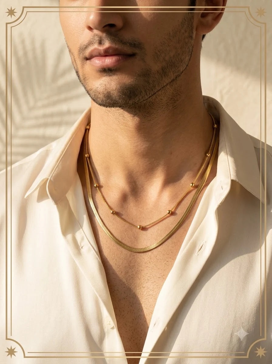 Male model wearing the Syrenne Dual Chain layered gold necklace