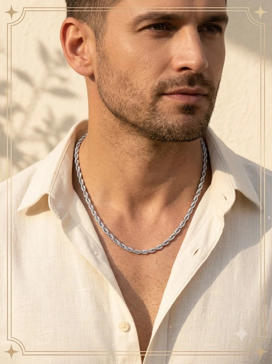 Male model wearing the Lucent Rope Chain silver necklace