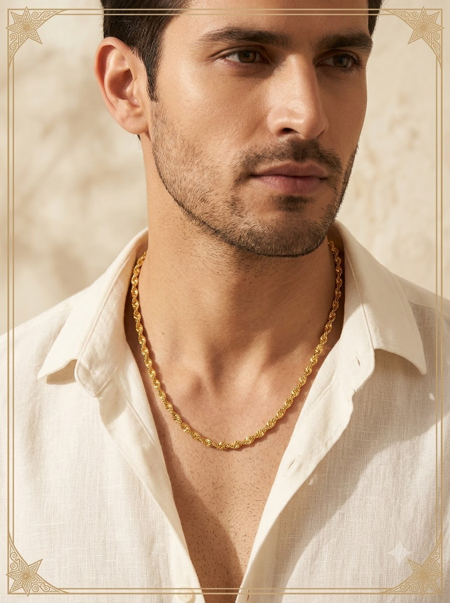 Male model wearing the Solis Twist Chain gold twisted necklace
