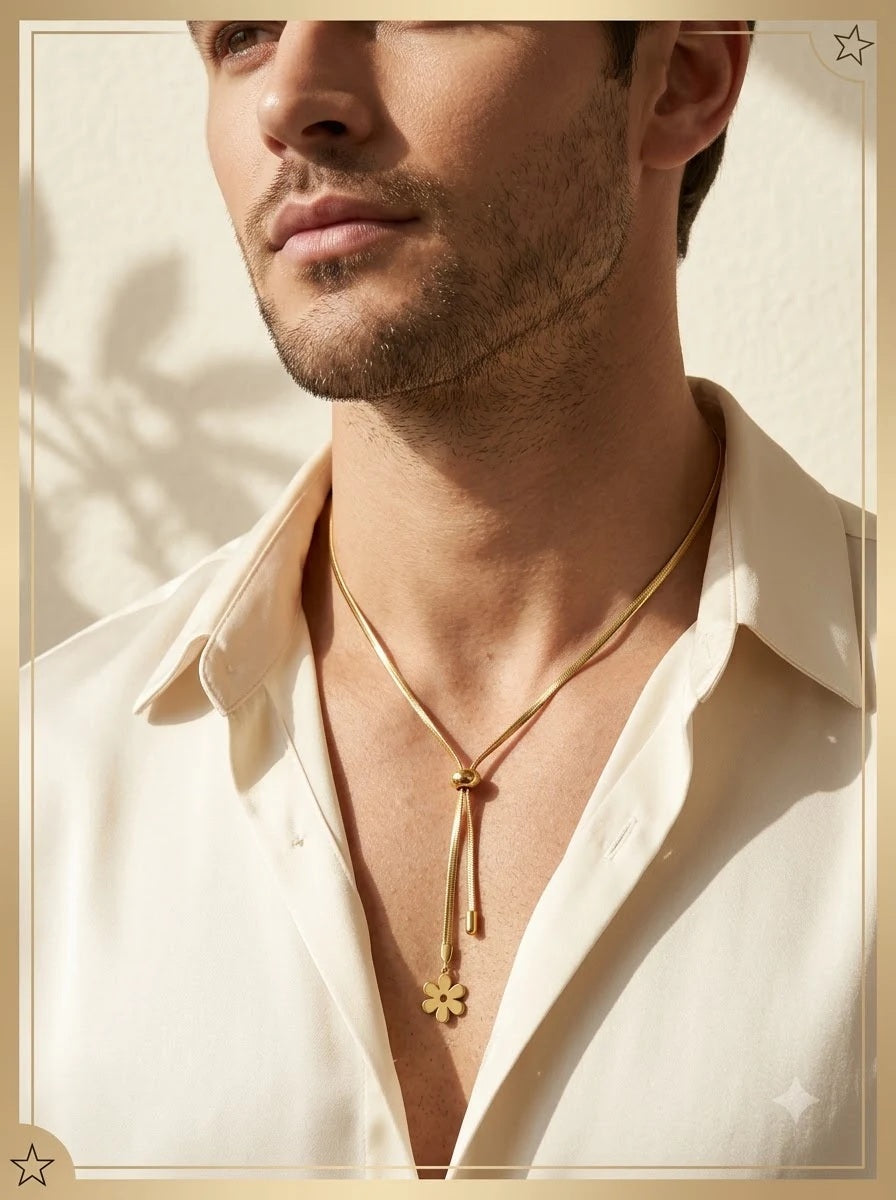 Male model wearing the Florelle Lariat adjustable gold drop necklace