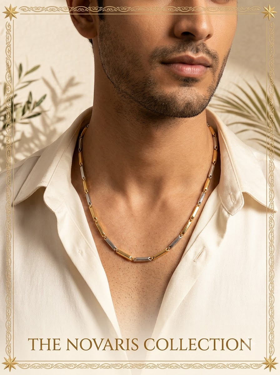Male model wearing the Novaris Two-Tone gold and silver chain