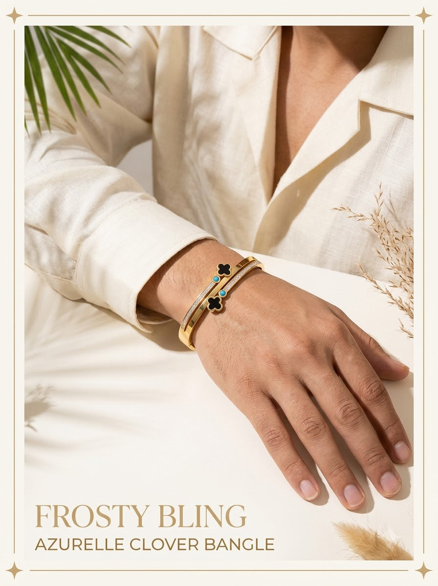 Male model wearing the Azurelle Clover Bangle on the wrist