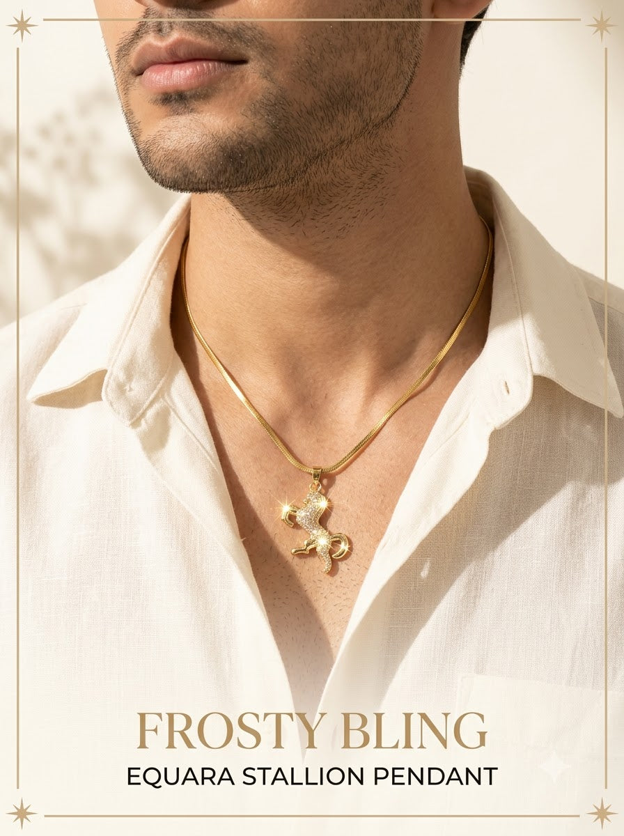 Male model wearing the Equara Stallion Pendant