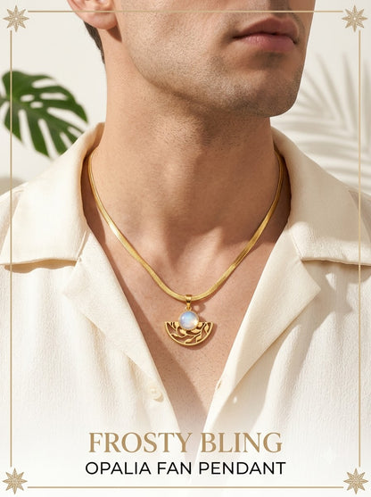 Male model wearing the Opalia Fan Pendant