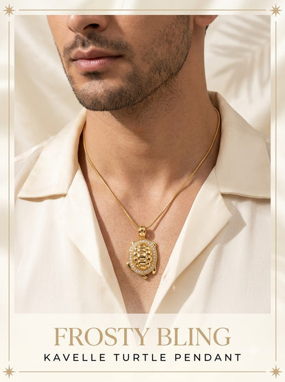 Male model wearing the Kavelle Turtle Pendant