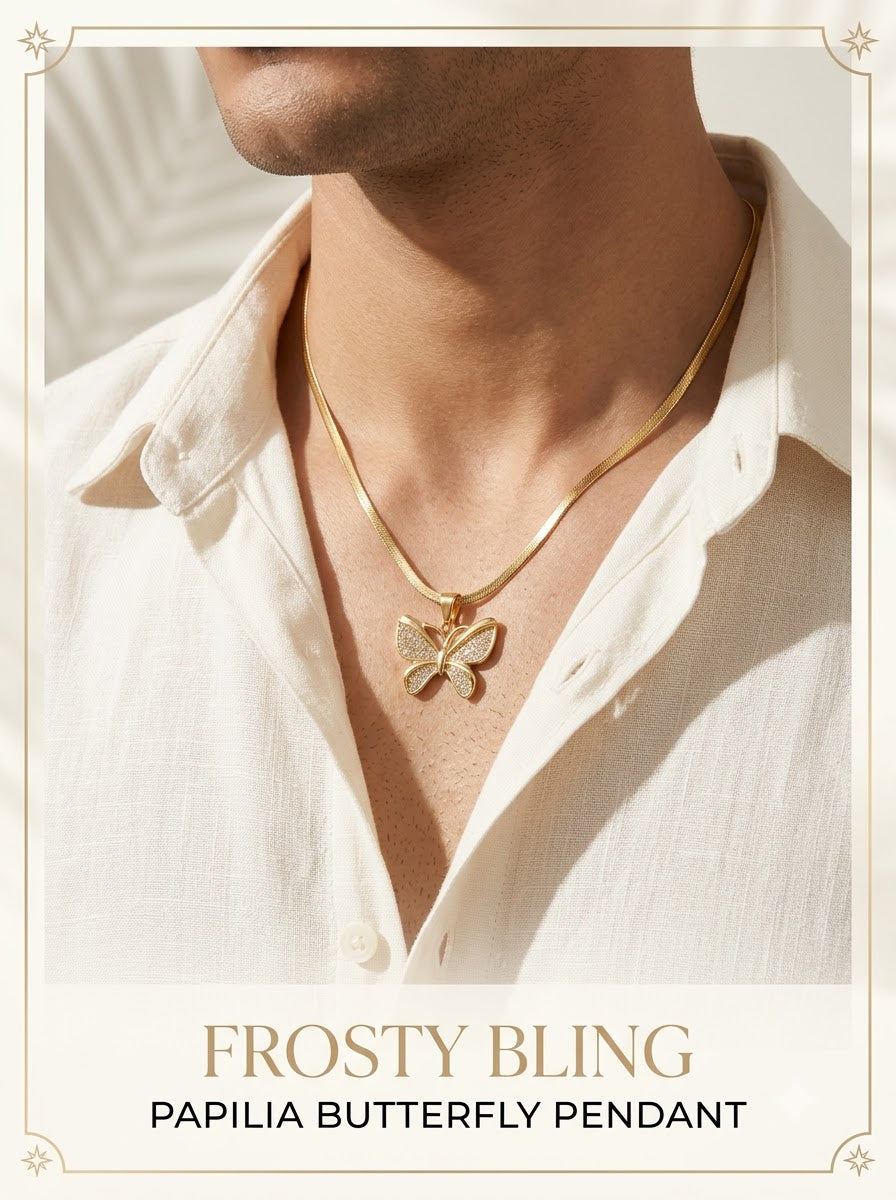 Male model wearing the Papilia Butterfly Pendant