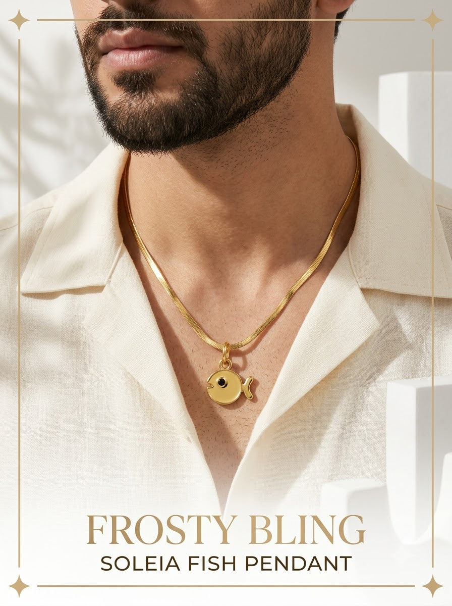 Male model wearing the Soleia Fish Pendant